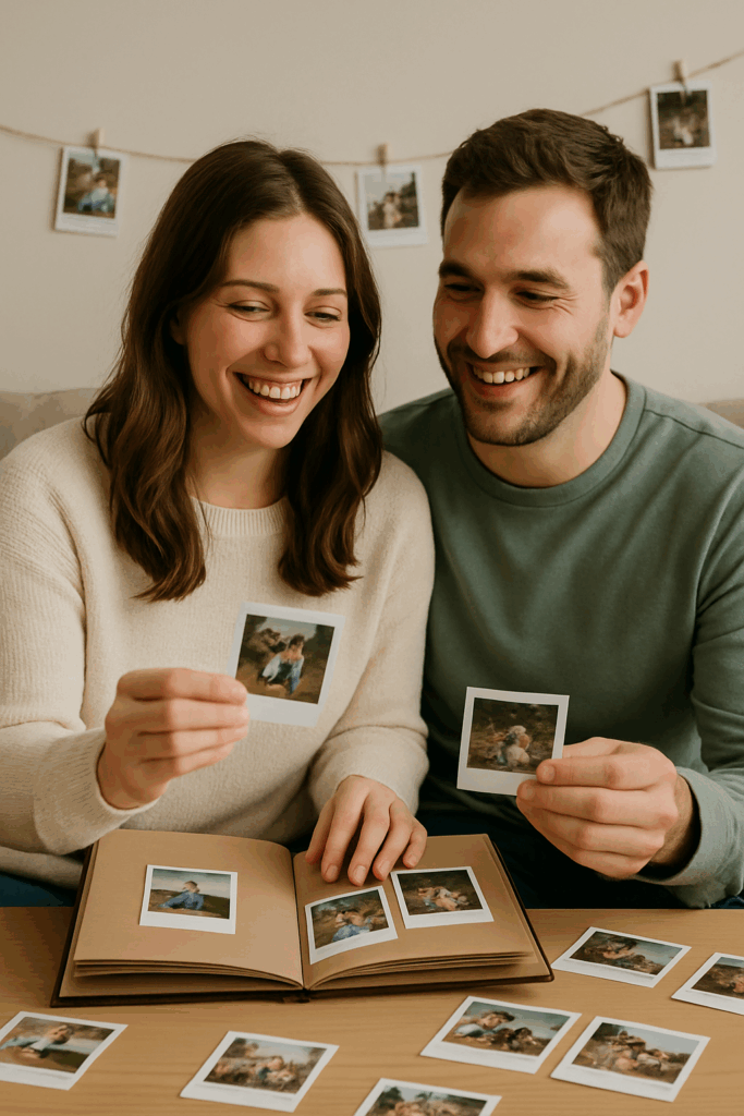 Casal sorridente organizando fotos polaroides 7x9 em álbum, revivendo lembranças únicas. Revelação de fotos polaroides com entrega em todo o Brasil